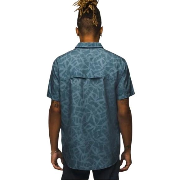 prAna Lost Sol Printed Men's Large Button Shirt Blue UPF 30 Vented Hiking Outdor - Picture 4 of 9